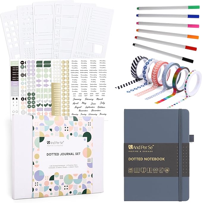 &And Per Se Dotted Journal Notebook Set, A5 Hardcover Dotted Journal (Dark Blue), 6 Fineliner Pens, 8 Sticker, 5 Stencil Sheets & 6 Washi Tapes, Journaling Supplies for Planner Schedule-DeskLoop Office