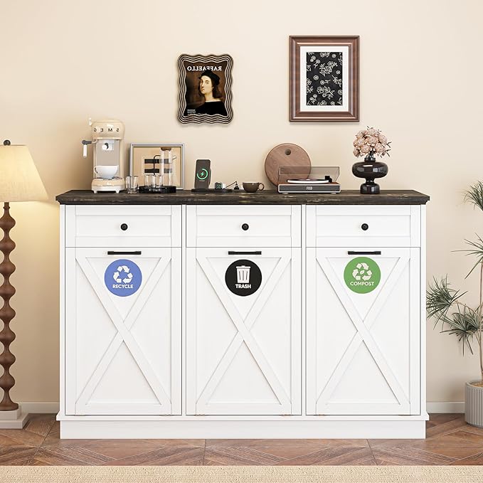 Farmhouse Tilt Out Trash Cabinet, Triple 13 Gallon Wooden Kitchen Trash Can Cabinet with Hideaway Drawer, Freestanding Garbage Recycling Cabinets, Pet Proof, Power Outlets, 59 Inch, White-DeskLoop Office