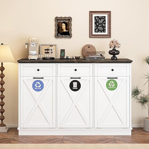 Triple 13 Gallons Tilt Out Trash Cabinet, Farmhouse Garbage Recycling Cabinet with Power Outlets, 3 Drawers, Pet Proof, Freestanding Kitchen Trash Bin Cabinets, White-DeskLoop Office