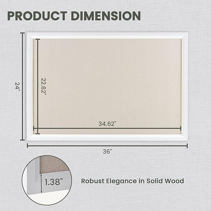 Bulletin Board Cork Board with Linen, 100% Wood Framed 24" x 36" Bulletin Board Decorations, Pin Boards for Walls, Wall Mounted Fabric Picture Board with 10 Pushpins for School, Home & Office, White-DeskLoop Office
