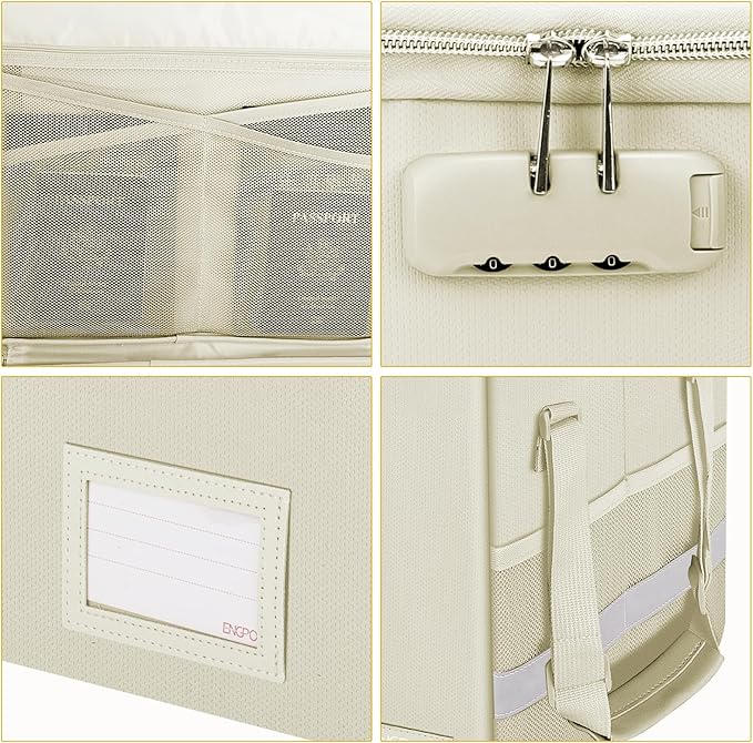 ENGPOW File Box with Lock, Fireproof Document Box with Zipper Lid, Collapsible File Storage Organizer Filing Cabinet with Handles, Portable Home Office Safe for Hanging Letter/Legal Folders, Beige-DeskLoop Office