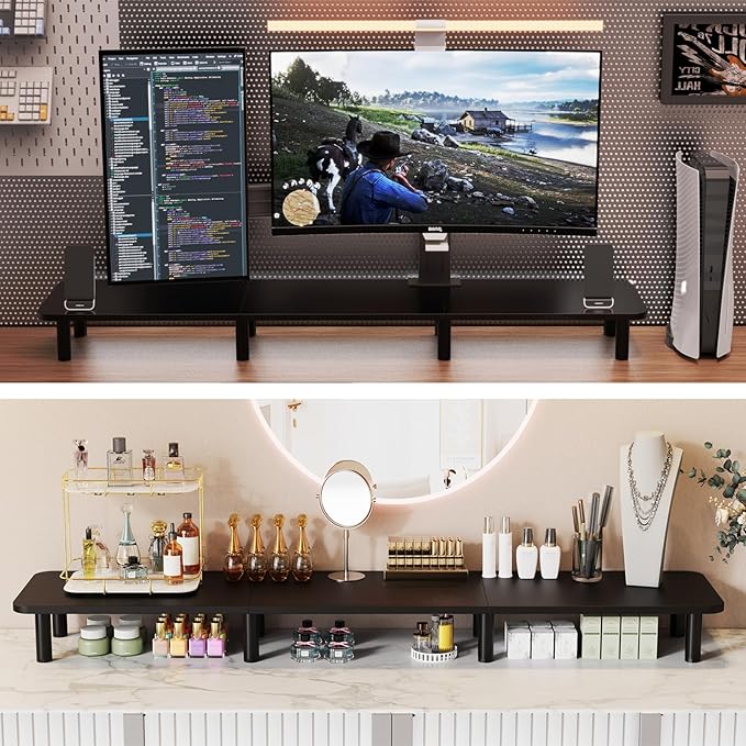 43.7" Extra Long Dual Monitor Stand Riser, Wood & Steel Monitor Stand for 2 Monitors, Wide TV Stand, Desktop Riser for Desk Organization, Home Office,Laptop,Printer,TV (Black)-DeskLoop Office