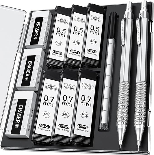 Four Candies 2PCS Metal Mechanical Pencils Set with Case, 0.5mm & 0.7 mm Artist Pencil with 6 Tubes (360PCS) HB Lead Refills, 3 Erasers,9 Eraser Refills For Writing Drafting, Drawing, Silver-DeskLoop Office