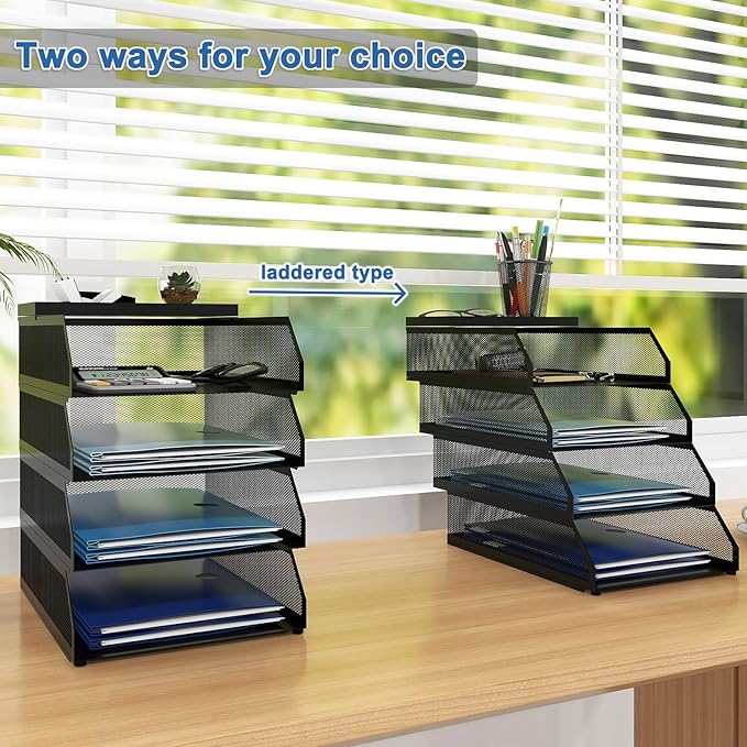 Natwind 4-Tier Stackable Paper Tray, Metal Mesh Desktop Organizer, Paper Sorter, Letter Trays,File Document Storage Rack for for Home, Office, School (Black)-DeskLoop Office