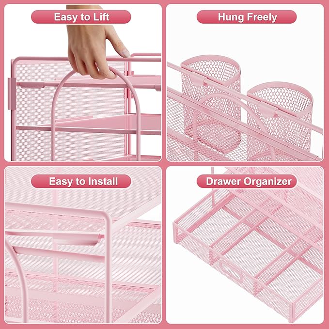 Marbrasse Desk Organizer and Accessories4-Tier Paper File Letter Tray Accessories & Workspace Desk Organizers with Drawer and 2 Pen Holders for School Home Office Supplies(Pink)-DeskLoop Office