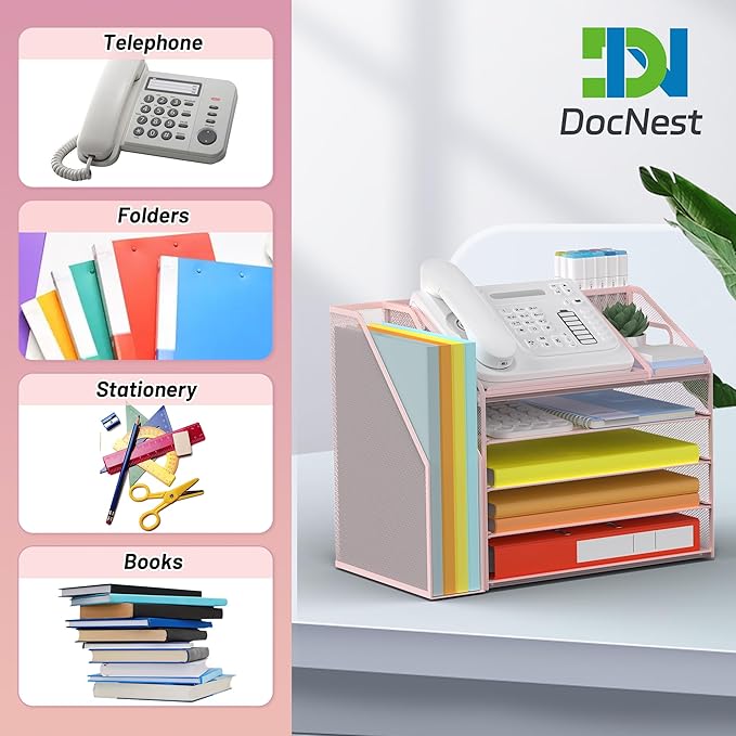 DocNest 5 Tier Paper Letter Tray File Organizer, Mesh Desk File with Handle, Workspace Desk Organizers with Pen Holder, Office Organization Storage Accessories - Pink-DeskLoop Office
