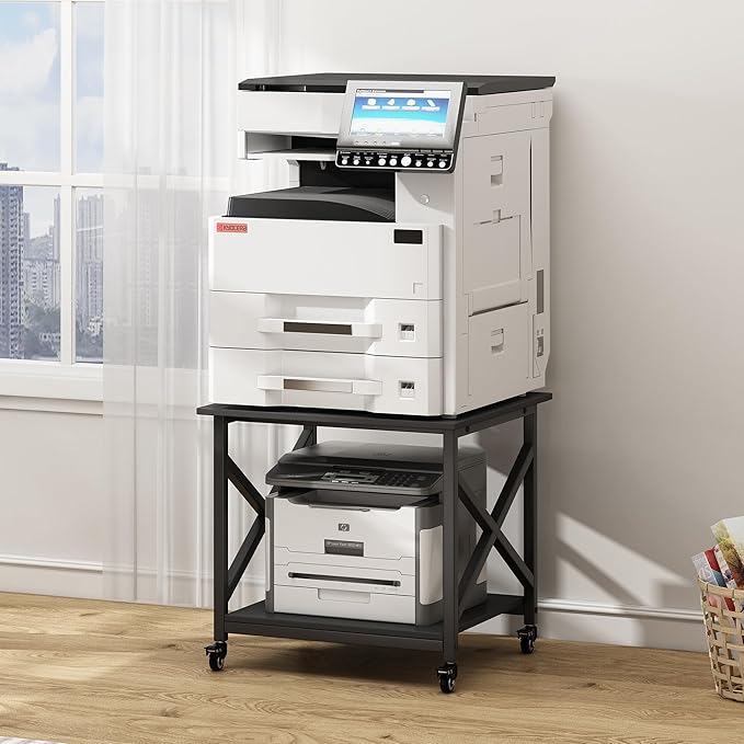 2 Tier Large Printer Stand, 23.6 x 23.6 x 22.6 Inches Square Printer Table with Storage Shelf, Rolling Printer Cart with Industrial Wheels for Home Office, Mini Fridge Stand Table - Black-DeskLoop Office