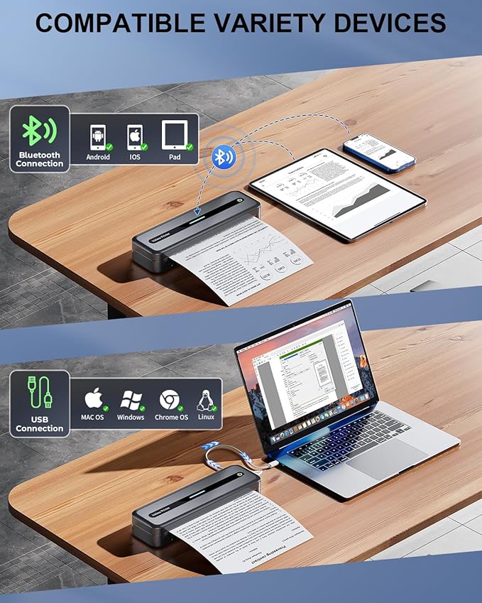 COLORWING Portable Printers Wireless for Travel, 300DPI Mini Compact Inkless Printer, Thermal Bluetooth Printer Compatible with Android and iOS Smartphone & Tablet & Laptop - Gray-DeskLoop Office