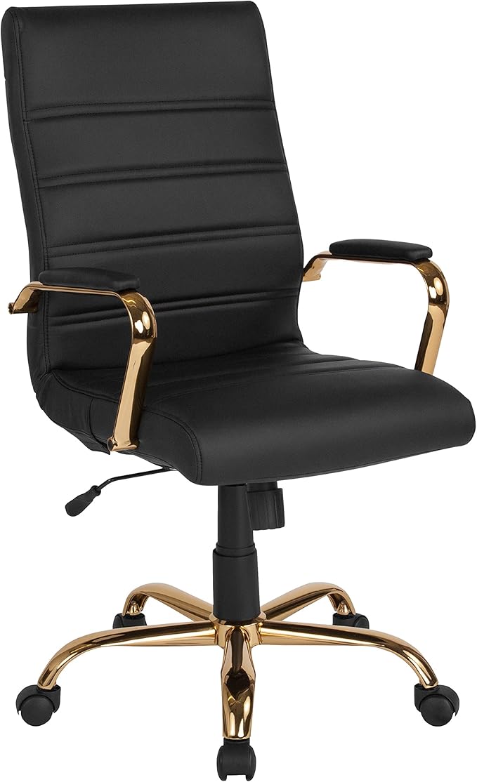 Flash Furniture Whitney High-Back Swivel LeatherSoft Desk Chair with Padded Seat and Armrests, Adjustable Height Padded Office Chair, Black/Gold-DeskLoop Office