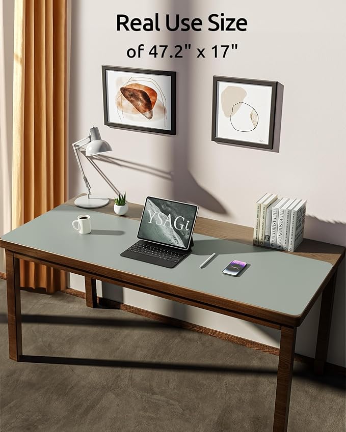 YSAGi Leather Desk Pad Protector, Office Desk Mat, Large Mouse Pad, Non-Slip PU Leather Desk Blotter, Laptop Desk Pad, Waterproof Desk Writing Pad for Office and Home (Grayish Green, 47" x 17")-DeskLoop Office