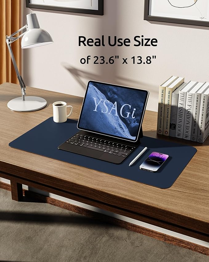 YSAGi Leather Desk Protector, Office Mat, Large Mouse Mat, Non-Slip PU Leather Blotter, Laptop Desk Mat, Waterproof Writing Pad for Office and Home (Dark Blue, 23.6" x 13.8")-DeskLoop Office
