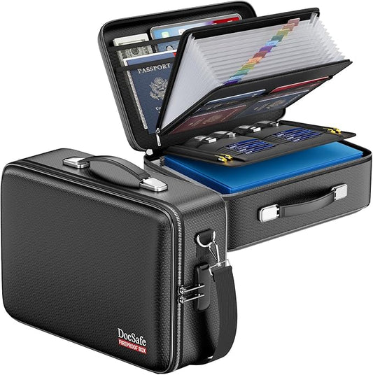 DocSafe Fireproof Document Box with Lock&Shoulder Strap, Hard-Shell Case File Organizer with Accordion File Folder, Multi-Layer Portable Home Office Travel Safe Storage for Important Documents Laptop-DeskLoop Office