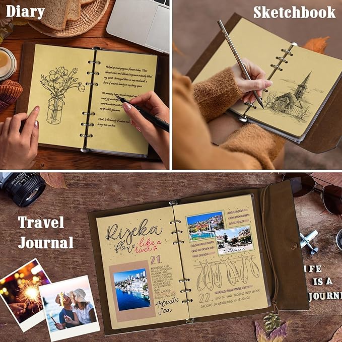 Leather Journals Notebooks with Blank Pages, Vintage Refillable Journal for Writing, Personal Travel Diary Art Sketchbook to Write in, Gifts for Women, Men, Teen Girls and Boys, 160 Pages A5 (Brown)-DeskLoop Office