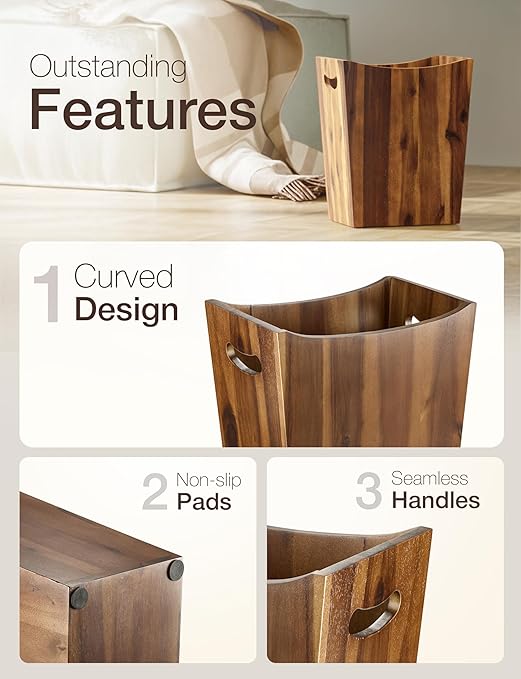 2 Gallons Rectangular Wastebaskets - Acacia Wood Waste Basket with Handles - Small Trash Can for Bathroom - Brown Garbage Bin for Spa Bathroom Decorative, Kitchen Counter, Living Room (Walnut)-DeskLoop Office