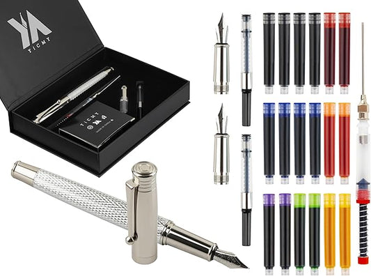 Fancy Fountain Pen Set – Fine & Medium Nibs, Includes 18 Ink Cartridges, Ink Converter, Syringe Filler, Luxury Gift for Writing, Journaling & Calligraphy,Silvery-DeskLoop Office