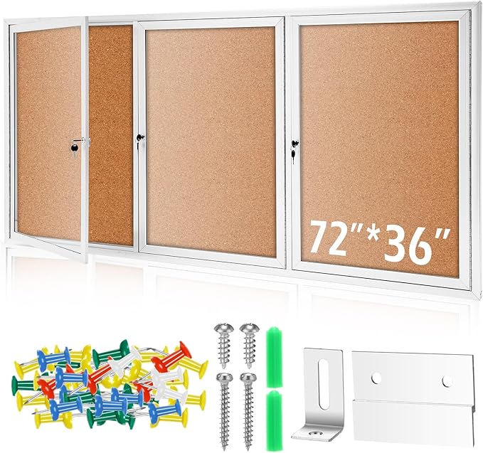 72" x 36" Enclosed Bulletin Board Outdoor 3 Door Weatherproof Tamper-Proof Enclosed Cork Board with Lock Aluminum Frame Display Case for Back to School, Office Commercial, 18xA4(Wood Color)-DeskLoop Office