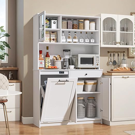 OLD CAPTAIN Tilt Out Trash Cabinet with Deodorising Function, Kitchen Hutch with Microwave Shelf and Drawer, Kitchen Pantry with Trash Cabinet for 10 Gallons, White-DeskLoop Office