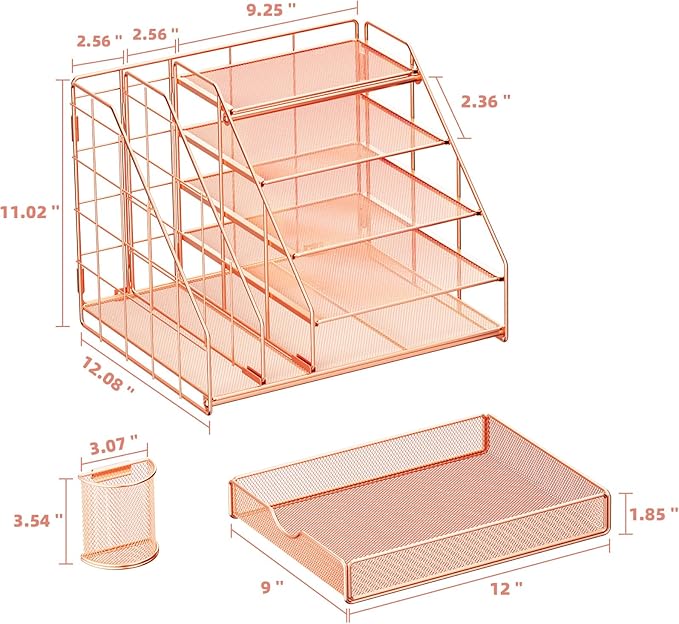 Marbrasse Desk Organizer with File Holder, 5-Tier Desk Organizers and Accessories with Drawer and 2 Pen Holder, Mesh Paper Letter Tray, Desktop Organizer and Storage for Office Supplies (Rose Gold)-DeskLoop Office