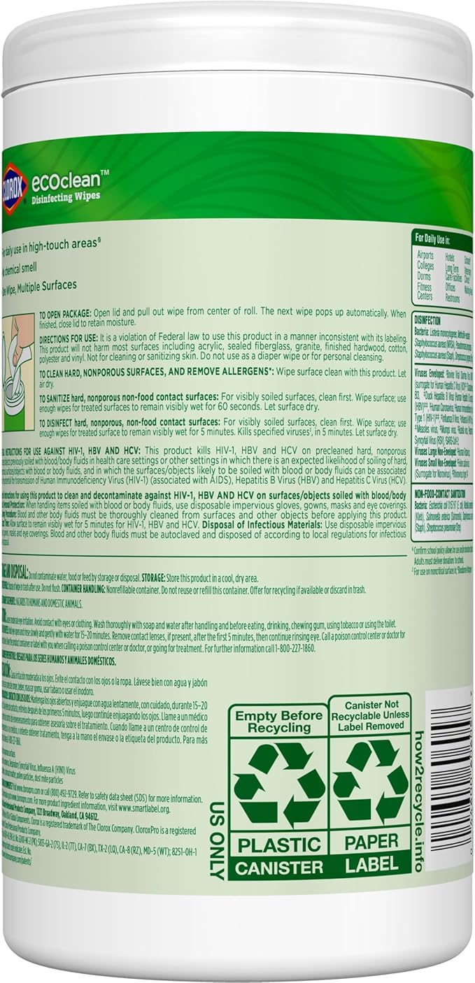 CloroxPro Clorox EcoClean Disinfecting Wipes, Multipurpose 100% Plant Based Cleaning Cloths, Antibacterial Disinfectant, Safe for Multi Surface Use, 75 Count-DeskLoop Office