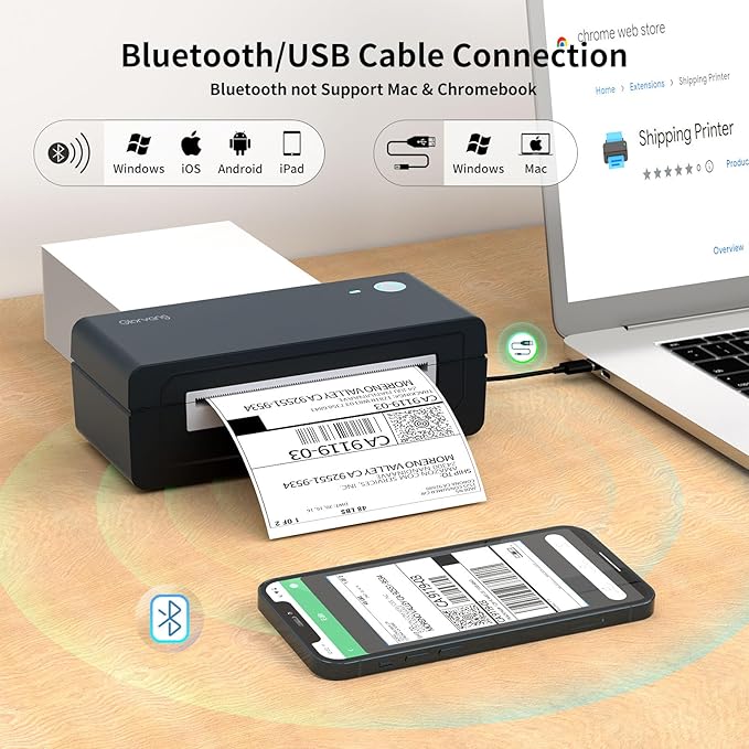 Bluetooth Thermal Shipping Label Printer, 4X6 Inkless Label Machine for iOS, Android, Laptop, Wireless Printer for Small Business, Compatible with Amazon, UPS, Shopify, Black-DeskLoop Office