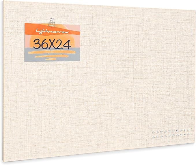 Bulletin Board 36 x 24 inches, 3' x 2' Linen Board for Wall, Decorative Fabric Pin Board with Safe Removable Adhesive Tapes for Home and Office, Includes 20 Push Pins-Light Yellow Stripes-DeskLoop Office