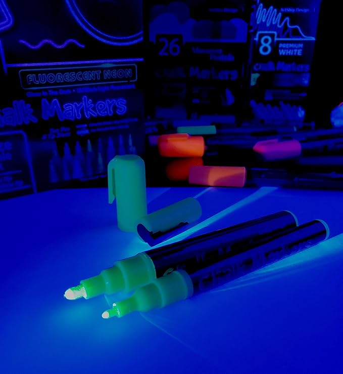 16 UV Fluorescent Neon Chalk Markers - Double Pack of Both Fine & Reversible Medium Tip Liquid Chalk Pens Wet Erasable Menu Boards, Glass, Whiteboards, Mirrors, Non-Porous Chalkboards, Plastic, Metal-DeskLoop Office