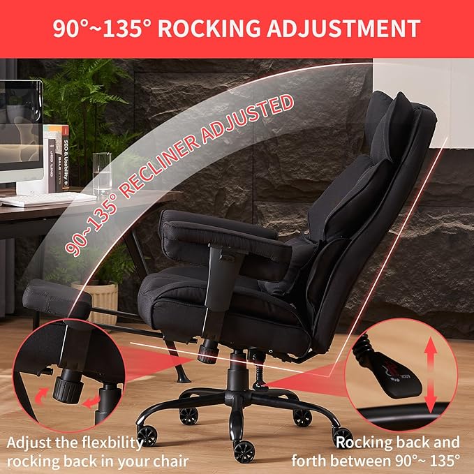 Efomao Big and Tall Office Chair 400 lb Weight Capacity, High Back Executive Office Chair with Foot Rest, Fabric Computer Chair for Back Pain Relief, Black-DeskLoop Office