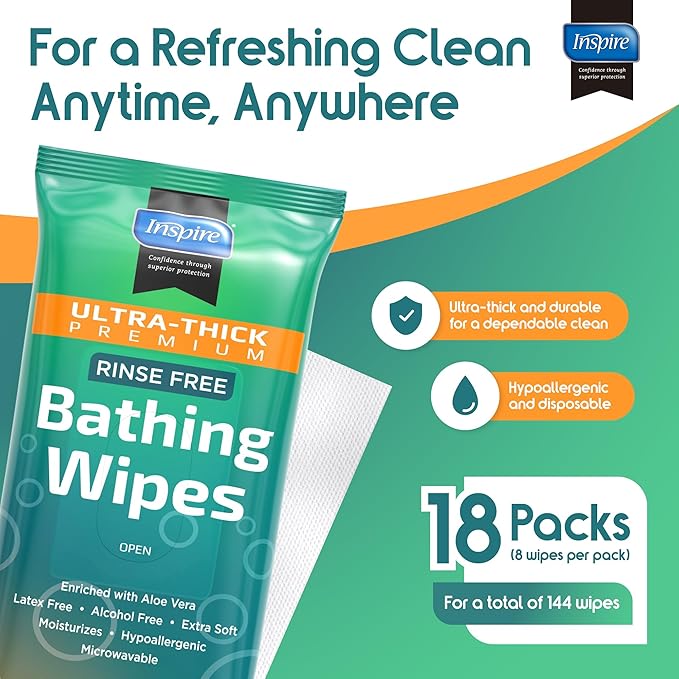 Inspire Ultra Thick Rinse Free Body Wash Wipes, Bathing Wipes, Shower Wipes - Rinse Free Wet Wipes, Thick Strong Extra Large With Aloe Vera Enriched-DeskLoop Office