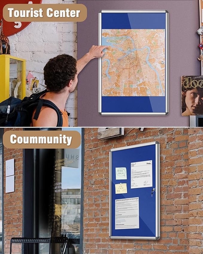 36"x24" Enclosed Bulletin Board, Lockable Weather-Resistant Aluminum Cork Noticeboard for School & Office, Silver Frame w/Blue Flet-DeskLoop Office