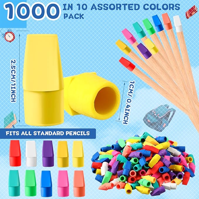 Crtiin 1000 Pcs Pencil Top Erasers Bulk Caps for Pencils Chisel Shape Erasers Toppers Classroom Party Favors Games Prizes Funny Pencil Eraser Cap for Kids Studying Supplies Home Office-DeskLoop Office
