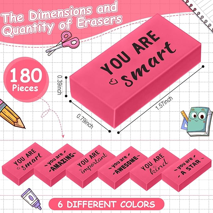 180 Pcs Inspirational Erasers for Kids Christian Pencil Erasers Bulk, Back-to-School Gifts Motivational and Cute Supplies for Students Classrooms, Drawing(Pink,Motivational)-DeskLoop Office