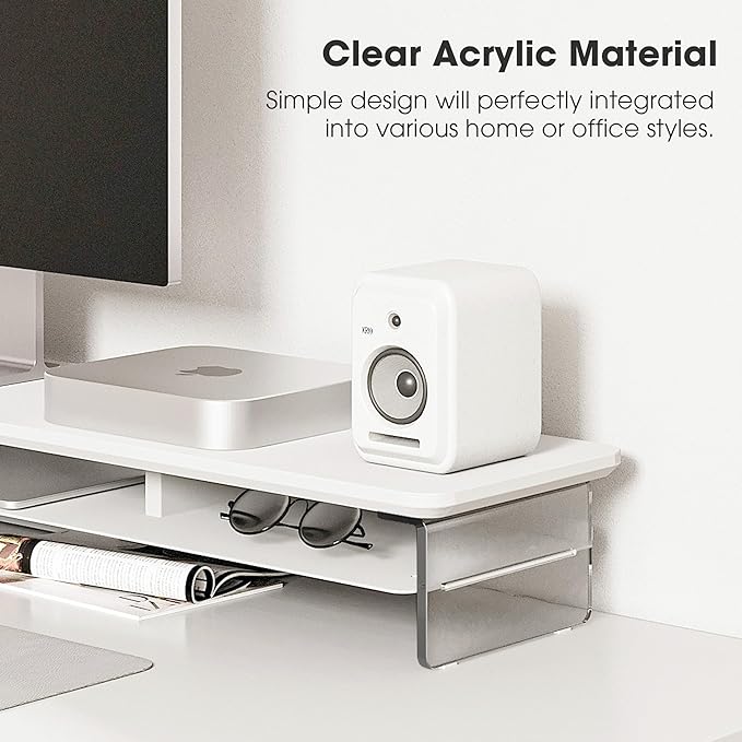 Fenge Acrylic Monitor Stand Riser, 42.5 Inches Dual Monitor Stand with Metal Storage, 2 Tier Acrylic Computer Riser for Desk, Clear Laptop Stand for PC, Laptop, Printer, TV, White-DeskLoop Office