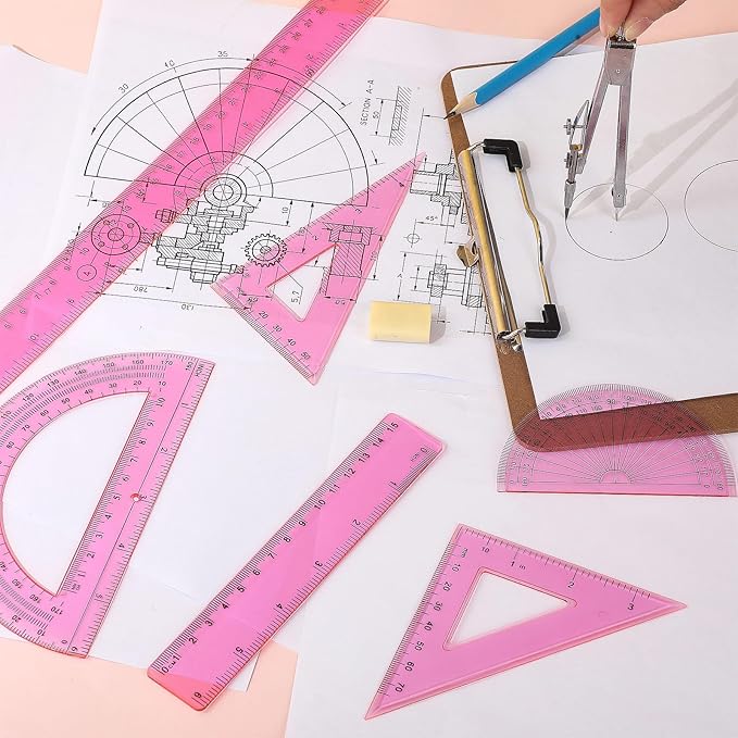Zonon 1 Set Plastic Geometry Math Set Includes Drawing Compass, 6 Inch 4 Inch Protractor, 45/60 Degree Triangle Rulers 12 Inch 6 Inch Math Ruler Transparent for Office Supplies (Pink)-DeskLoop Office