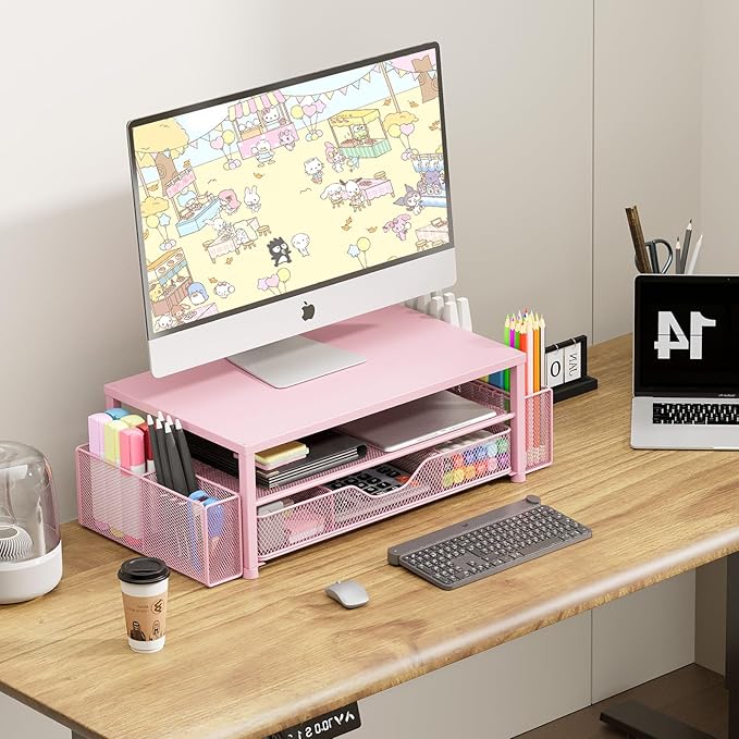 Desk Organizers and Accessories, 2-Tier Computer Monitor Stand Riser with Drawer and 2 Pen Holders, Laptop Stand, Office Desk Accessories for Office Supplies, Pink-DeskLoop Office