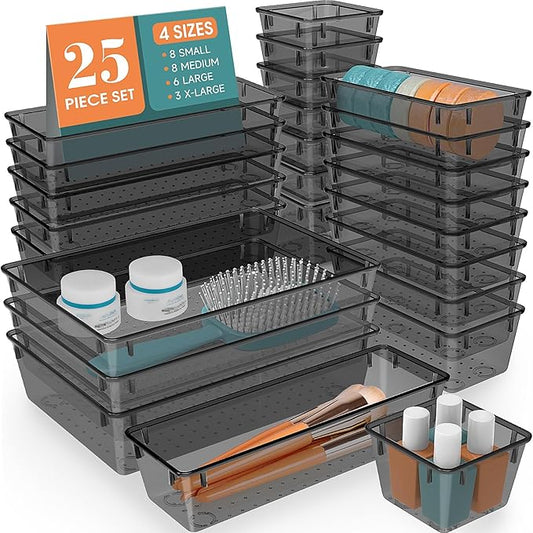 WOWBOX 25 PCS Plastic Drawer Organizer Set, Desk Drawer Divider Organizers and Storage Bins for Makeup, Jewelry, Gadgets for Kitchen, Bedroom, Bathroom, Office, Black-DeskLoop Office