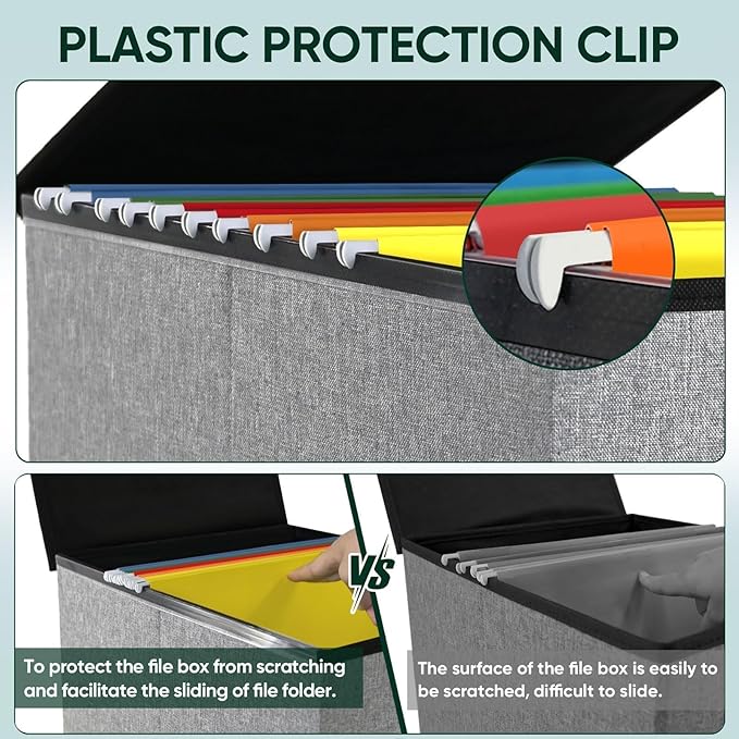 BALEINE File Organizer Box with Lid, Collapsible File Folder Organizer with Plastic Slide, Hanging File Folder Box for Office Document Storage (2 Pack, Grey)-DeskLoop Office