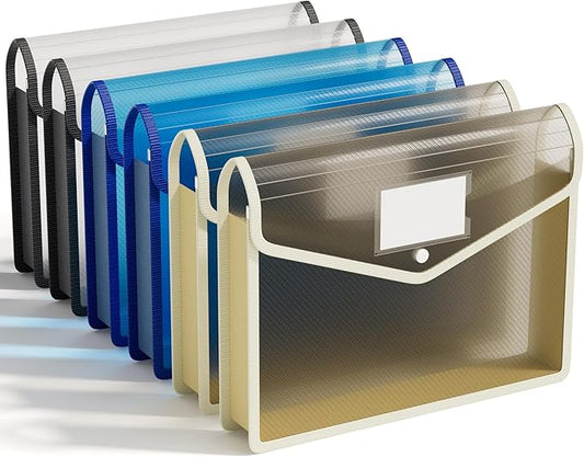 ABC life 6 Pack Plastic Expanding File Folder, Transparent envelopes with Snap Closure, No Dividers, Large Capacity, Assorted Colors, Fit Letter/A4 Size (Black+Blue+Tea Grey)-DeskLoop Office