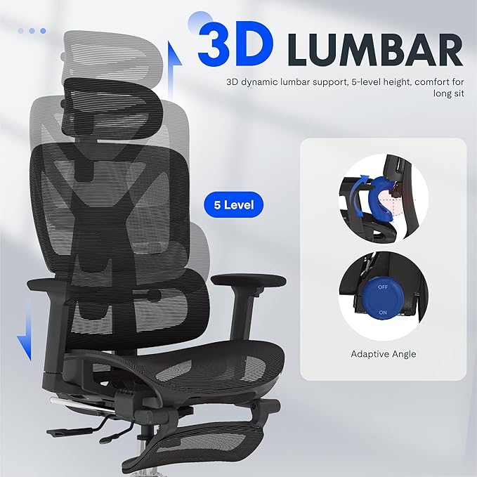FLEXISPOT ErgoX Premium Ergonomic Office Chair with Footrest- Adjustable 3D Armrests, Dynamic Lumbar Support, Recline & Tilt Function, Mesh Seat, for Home & Office Use,Black-DeskLoop Office