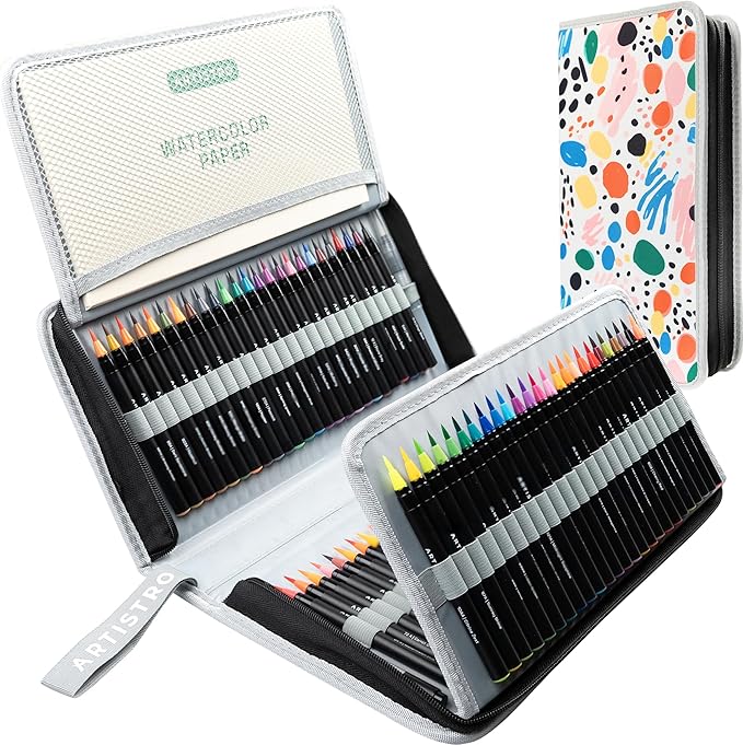 ARTISTRO 100 Watercolor Markers Teacher Appreciation Gifts – Brush Pens, Fineliner, Water Brush, Portable Bag – Vibrant, Washable, Non-Toxic – Ideal Gift for Women for Coloring, Calligraphy & Art-DeskLoop Office