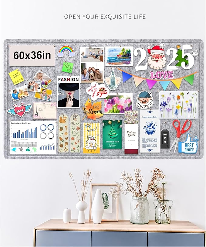Large Bulletin Board, Foldable 60x36 Inches Cork Board Alternative, Large Felt Board Decorative Pin Board for Wall, Foldable Photo Board Self-Adhesive Vision Board with 36 Pushpins Light Gray-DeskLoop Office