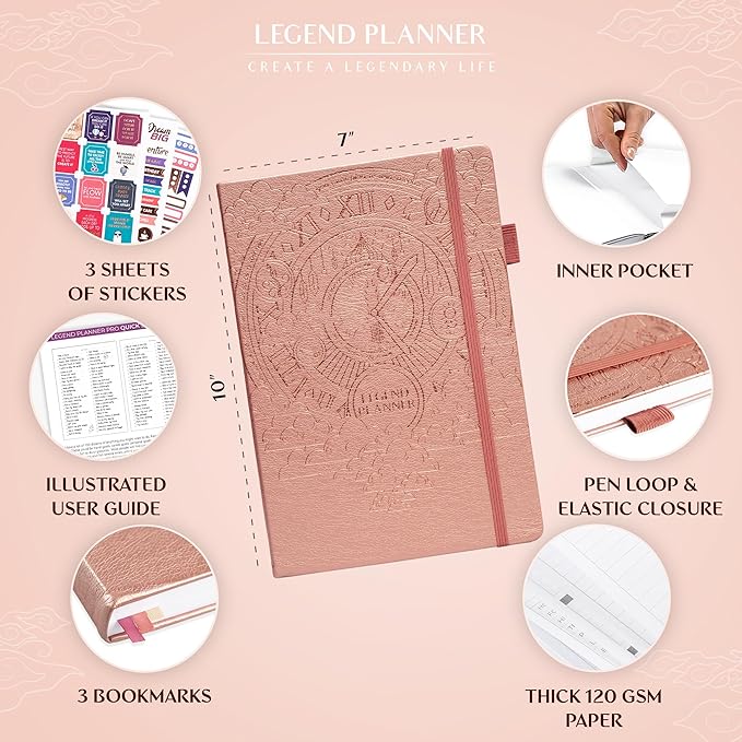Legend Planner PRO – Deluxe Weekly & Monthly Life Planner to Increase Productivity and Hit Your Goals. Time Management Organizer Notebook – Undated – 7 x 10" Hardcover + Stickers – Rose Gold-DeskLoop Office