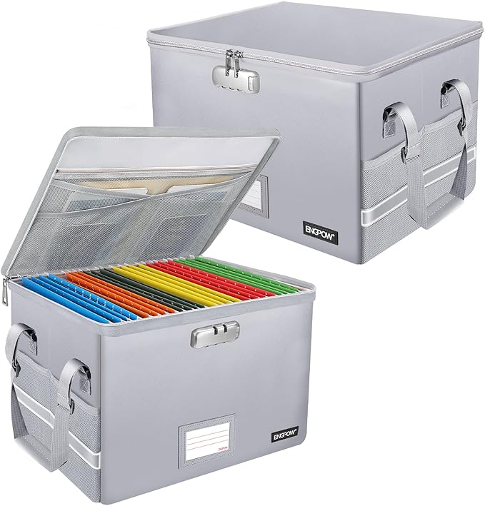 ENGPOW File Box with Lock, Fireproof Document Box with Pockets, Collapsible File Organizer Filing Storage Cabinet with Handle, Portable Home Office Safe for Hanging Letter/Legal Folders,Silver,2 Pack-DeskLoop Office