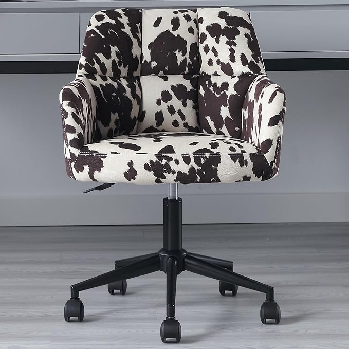 VESCASA Adjustable Home Office Desk Chair with Comfy Back, Linen 360 Swivel Upholstered Task Armchair with Wheels for Teens Bedroom/Living Room, Cowhide Print-DeskLoop Office
