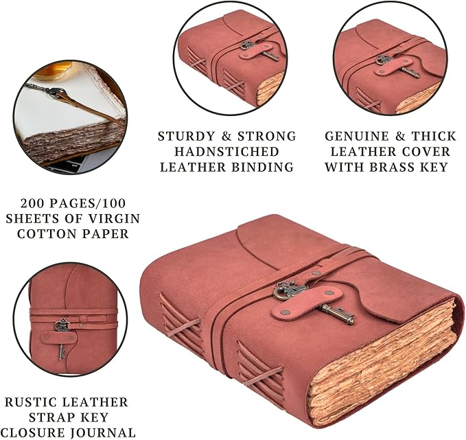 LEATHER VILLAGE Vintage Leather Journal – 200 Handmade Vintage Deckle Edge Paper – Leather bound Journal For Women Men – Vintage Key Closure - Book of Shadows - 13X7 inches - Fuchsia