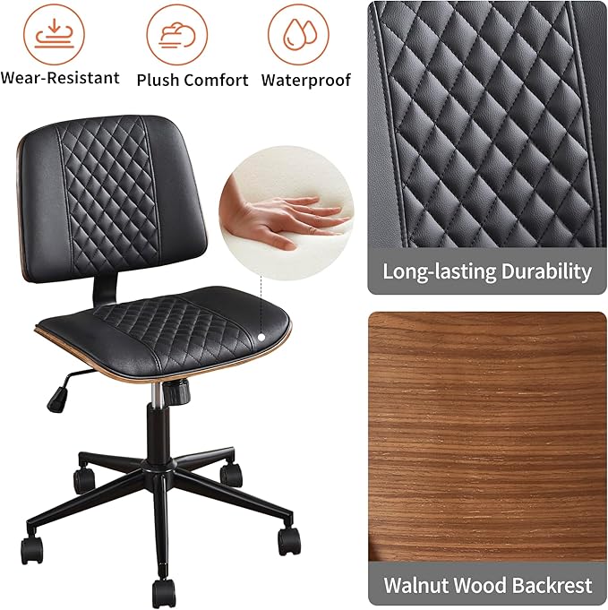 Modern Black Home Office Chair – Armless Mid-Back Desk Chair with PU Leather, Adjustable Height, Swivel Wheels, Walnut Wood Finish, Perfect for Small Spaces-DeskLoop Office
