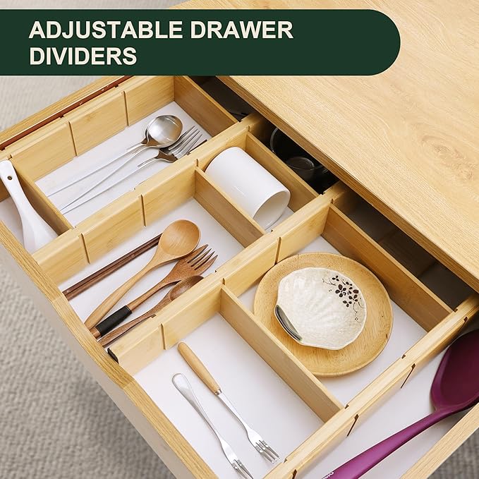 Utoplike 4 PCS Bamboo Kitchen Drawer Dividers with Inserts(Fits 15"-17.7" Drawer Inner Size), Adjustable Drawer Organizers for Socks, Spring Loaded, for Bedroom, Dresser, Bathroom-DeskLoop Office