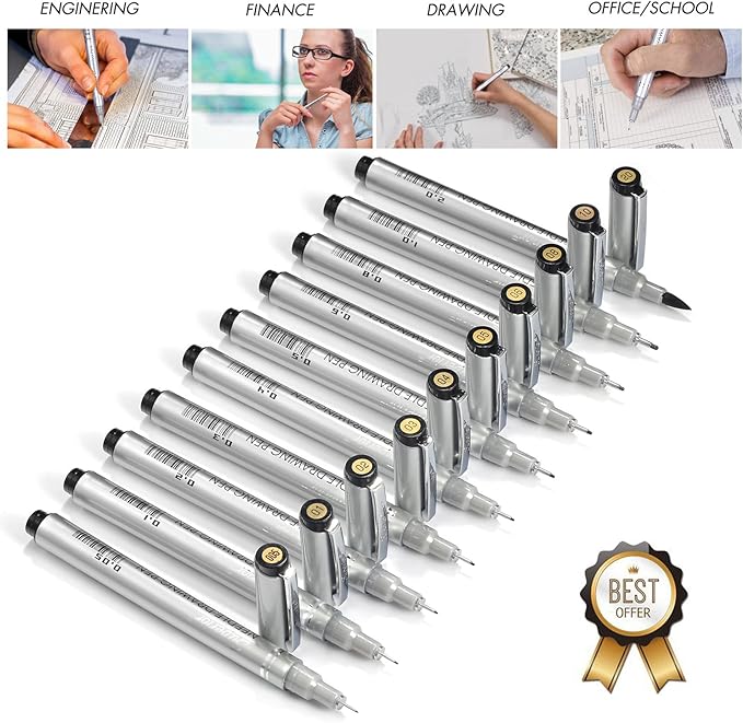 Set of 10 Black Micro-Pen Fineliner Ink Pens, Anti-Bleed & Waterproof Archival ink,Brush & Calligraphy Tip Nibs - Artist Illustration, Office Documents, Scrapbooking, Technical Drawing-DeskLoop Office