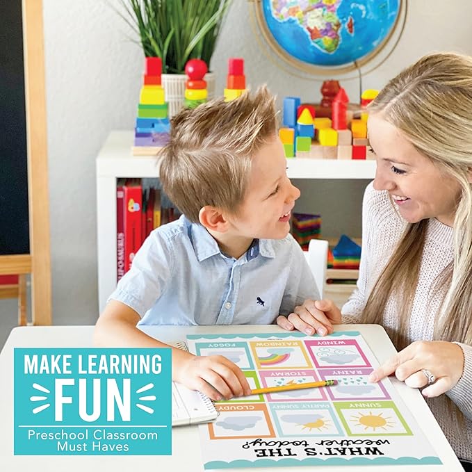 Hadley Designs 16 Educational Posters for Classroom & Kindergarten, Kindergarten Classroom Must Haves, Laminated PreK Learning Chart Materials US & World Map, ABC Alphabet, Shapes, Days of the Week