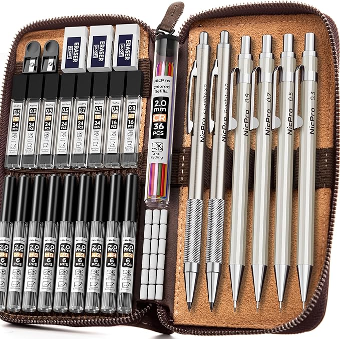 Nicpro 33PCS Metal Mechanical Pencil Set in Leather Case, Art Drafting Pencil 0.3, 0.5, 0.7, 0.9 mm, 2mm Lead Pencil Holders for Sketching Drawing With 18 Tube (6B 4B 2B HB 2H 4H Colors) Lead Refills-DeskLoop Office