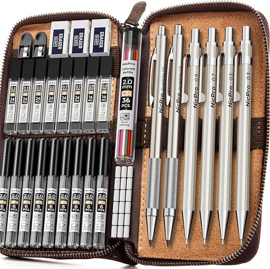 Nicpro 33PCS Metal Mechanical Pencil Set in Leather Case, Art Drafting Pencil 0.3, 0.5, 0.7, 0.9 mm, 2mm Lead Pencil Holders for Sketching Drawing With 18 Tube (6B 4B 2B HB 2H 4H Colors) Lead Refills-DeskLoop Office
